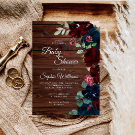 Burgundy & Navy Blue Flowers Wood Baby Dusche Einladung