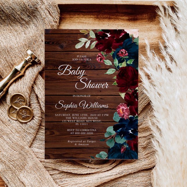 Burgundy & Navy Blue Flowers Wood Baby Dusche Einladung (Von Creator hochgeladen)