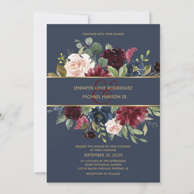 Burgundy & Navy Blue Gold Floral Boho Chic Hochzei Einladung (Vorderseite)