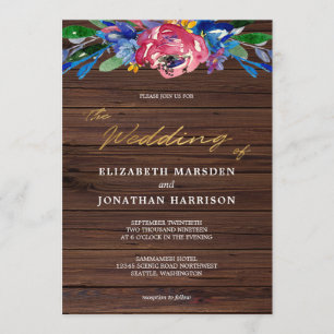 Burgundy Navy Blue Gold Floral Dark Wood Wedding Einladung