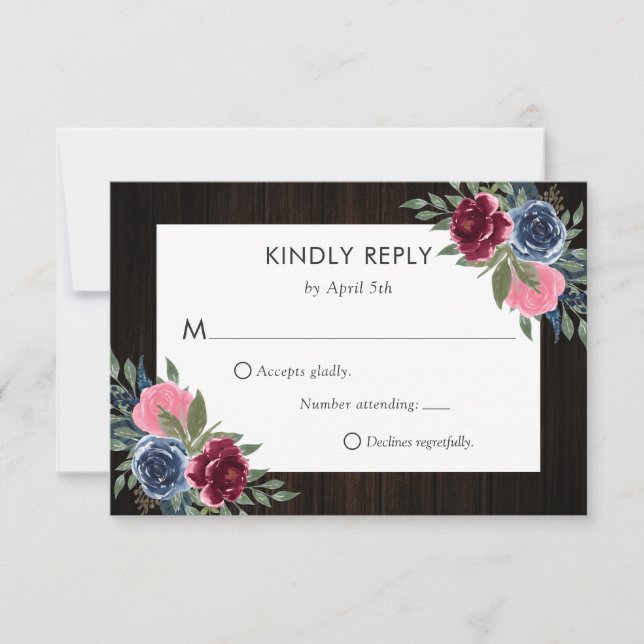 Burgundy Navy Blue Pink Wood Floral Wedding RSVP Karte (Vorderseite)