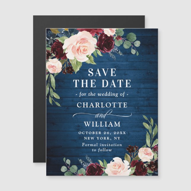 Burgundy Navy Blue Save the Date Magnetkarte (Vorne/Hinten)