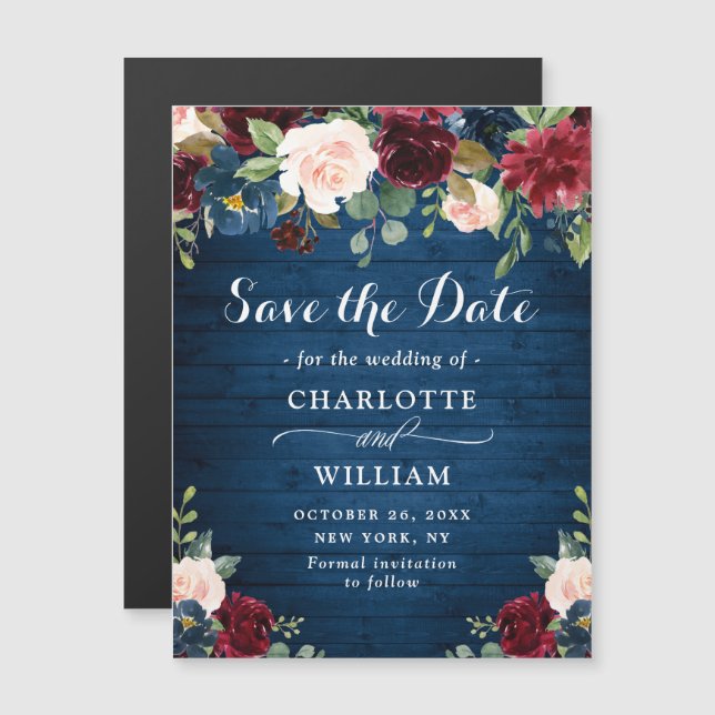 Burgundy Navy Blue Save the Date Magnetkarte (Vorne/Hinten)