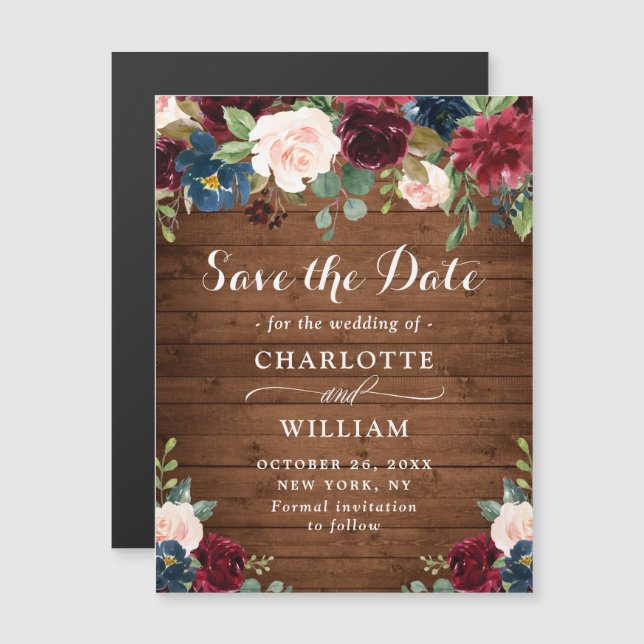 Burgundy Navy Blue Save the Date Magnetkarte (Vorne/Hinten)