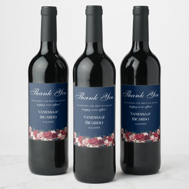 Burgundy Navy Blue Wedding Danke Weinlabel Weinetikett (Flaschen)