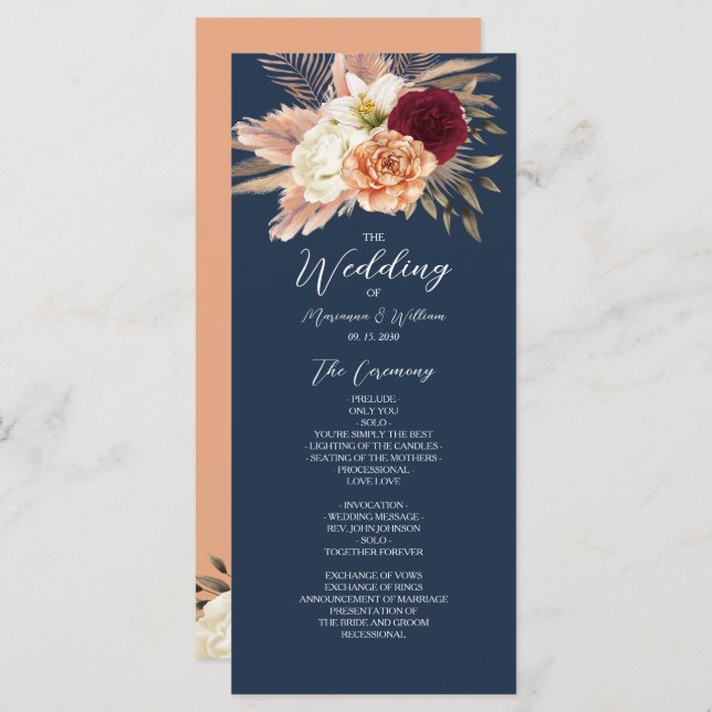 Burgundy Navy Blue Wedding Programm (Vorne/Hinten)