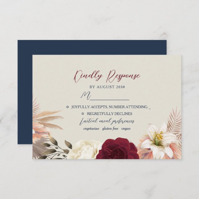 Burgundy Navy Blue Wedding RSVP Karte (Vorne/Hinten)