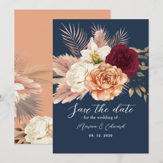 Burgundy Navy Blue Wedding Save The Date (Vorne/Hinten)