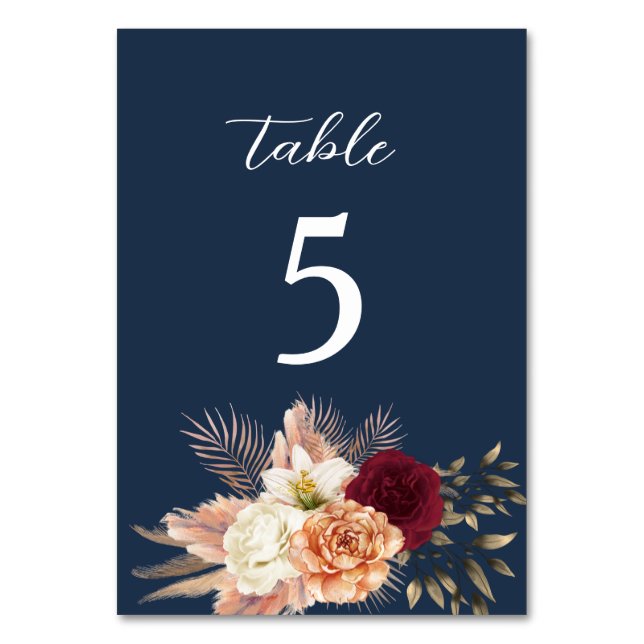 Burgundy Navy Blue Wedding Tischnummer (Vorderseite)