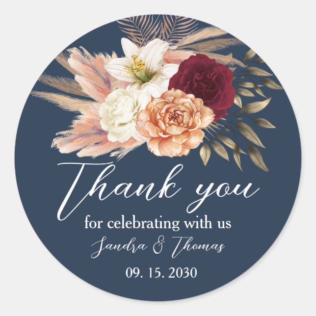 Burgundy Navy Blue Wedding Vielen Dank Runder Aufkleber (Vorderseite)
