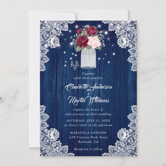 Burgundy Navy Blue Wood Lace Floral Wedding Einladung (Vorderseite)