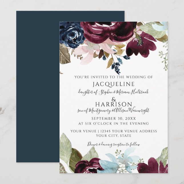 Burgundy Navy Blumengestein Elegant Fall Foliage H Einladung (Vorne/Hinten)