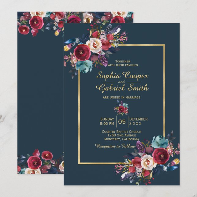 Burgundy Navy Blumengoldrahmen auf Hochzeit der Ma Einladung (Vorne/Hinten)