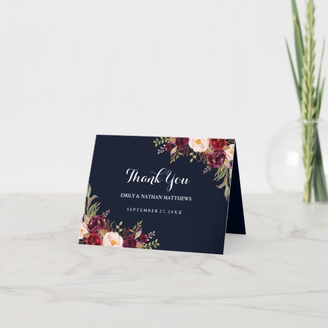 Burgundy Navy Blumenhochzeit Dankeschön Karte (Vorderseite)