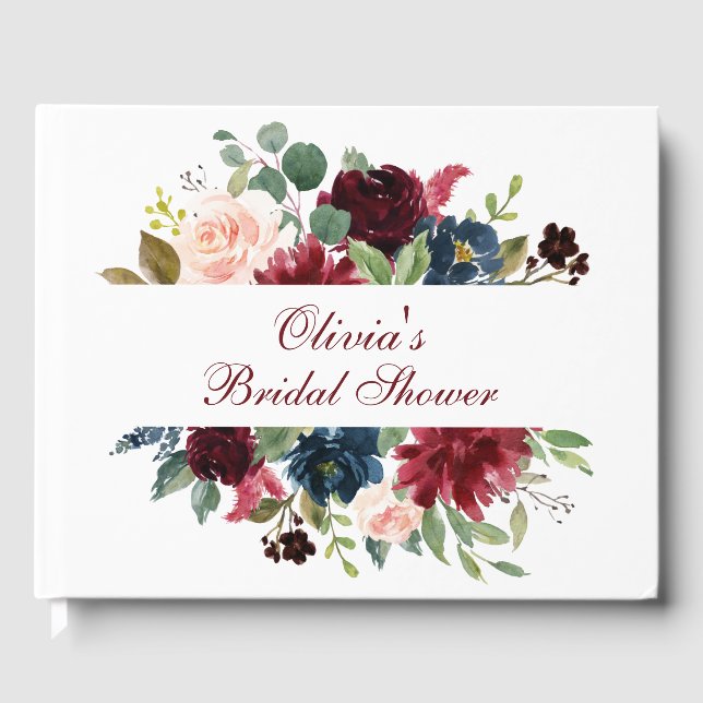Burgundy Navy Blush Bloral Brautparty Gästebuch (Vorderseite)