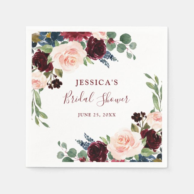 Burgundy Navy Blush Bloral Brautparty Serviette (Vorderseite)