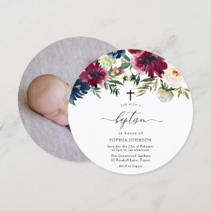 Burgundy Navy & Blush Blume Baby Foto Taufe Einladung