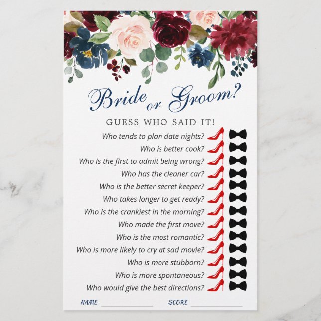 Burgundy Navy Blush Blume Brautparty Game (Vorderseite)