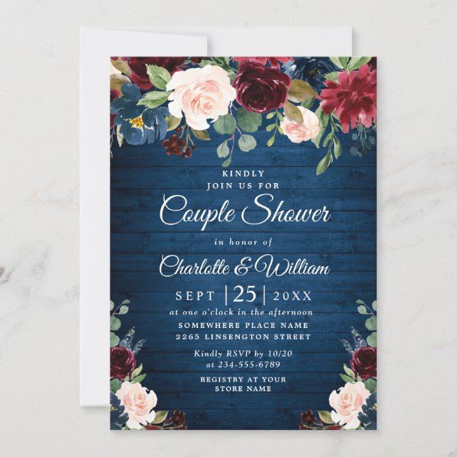 Burgundy Navy Blush Blume COUPLE SHOWER Einladung (Vorderseite)