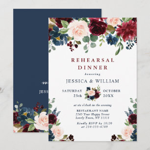 Burgundy Navy Blush Blume PROBE DINNER Einladung