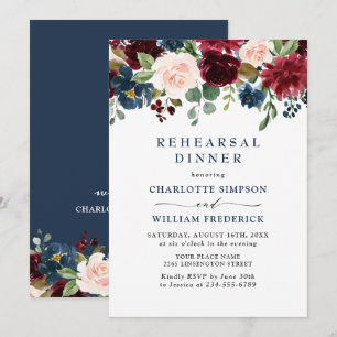 Burgundy Navy Blush Blume PROBE DINNER Einladung