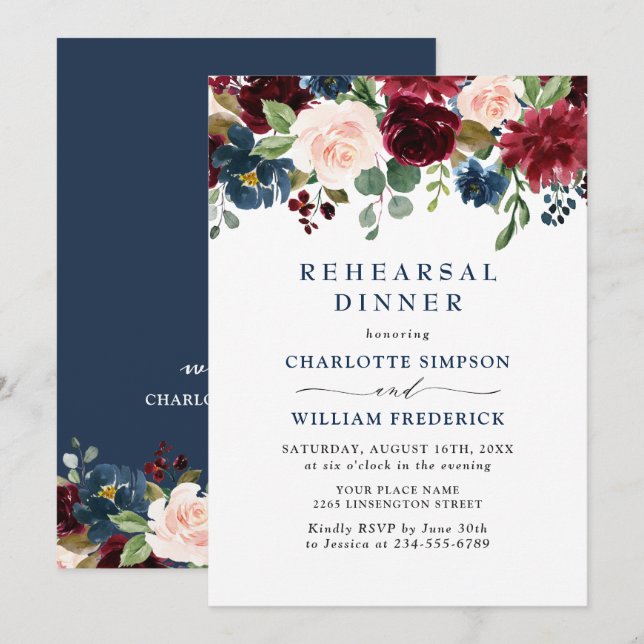 Burgundy Navy Blush Blume PROBE DINNER Einladung (Vorne/Hinten)