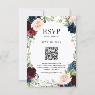 Burgundy Navy Blush Boho Geometric Wedding QR Code RSVP Karte
