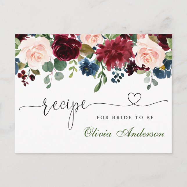 Burgundy Navy Blush Brautparty Rezept Card Postkarte (Vorderseite)