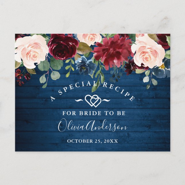 Burgundy Navy Blush Brautparty Rezept Card Postkarte (Vorderseite)