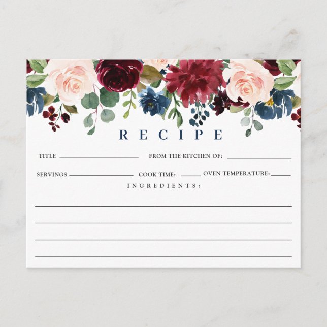 Burgundy Navy Blush Brautparty Rezept Card Postkarte (Vorderseite)