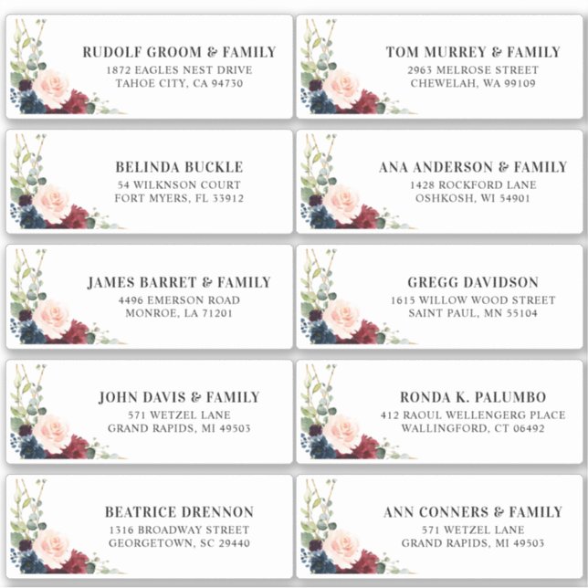 Burgundy Navy Blush Floral Geometric Address Label (Vorderseite)