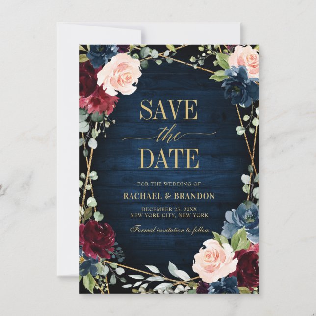 Burgundy Navy Blush Floral Geometric Save the Date (Vorderseite)