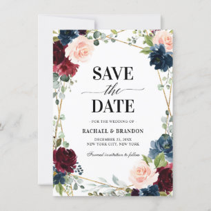 Burgundy Navy Blush Floral Geometric Save the Date