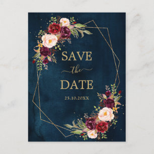 Burgundy Navy Blush Floral Geometric Save the Date Postkarte