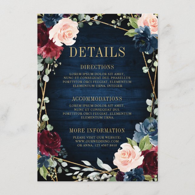 Burgundy Navy Blush Floral Geometric Wedding Begleitkarte (Vorderseite)