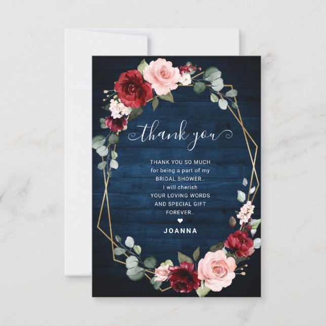 Burgundy Navy Blush Floral Geometric Wedding Dankeskarte (Vorderseite)