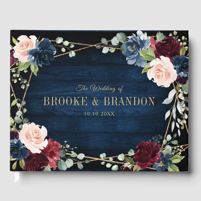 Burgundy Navy Blush Floral Geometric Wedding Gästebuch (Vorderseite)