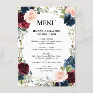 Burgundy Navy Blush Floral Geometric Wedding Menükarte