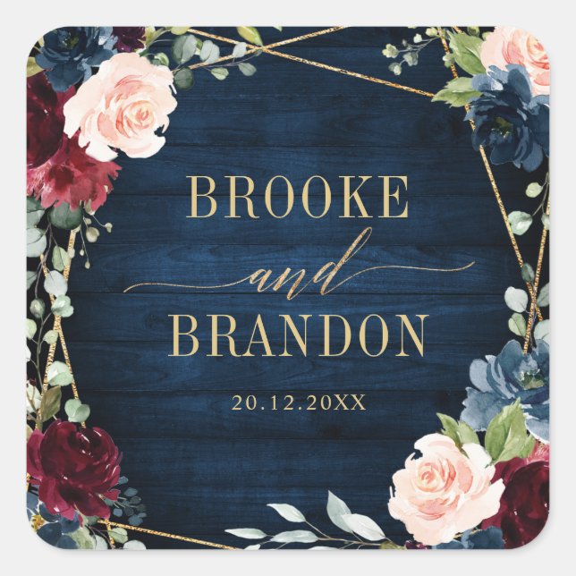 Burgundy Navy Blush Floral Geometric Wedding Quadratischer Aufkleber (Vorderseite)