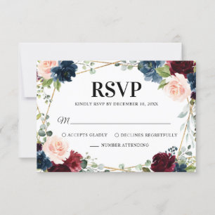 Burgundy Navy Blush Floral Geometric Wedding RSVP Karte