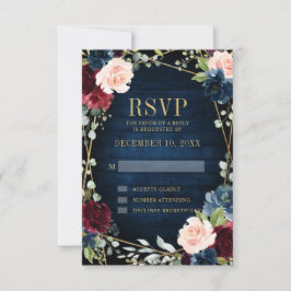 Burgundy Navy Blush Floral Geometric Wedding RSVP Karte