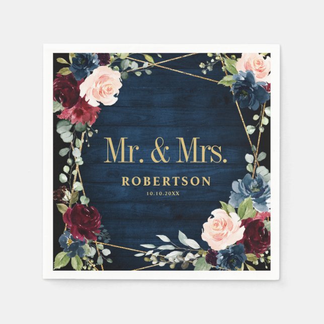 Burgundy Navy Blush Floral Geometric Wedding Serviette (Vorderseite)