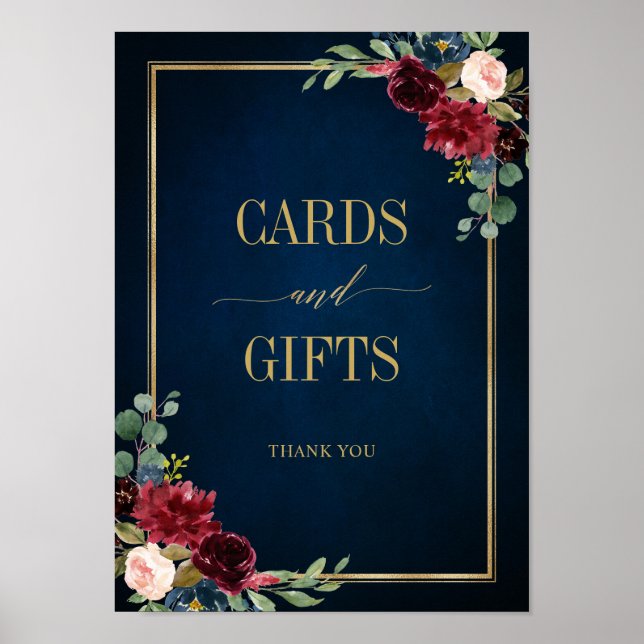 Burgundy Navy Blush Floral Gold Cards and Gifts Poster (Vorne)