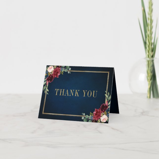 Burgundy Navy Blush Floral Gold Geometric Wedding Dankeskarte (Vorderseite)