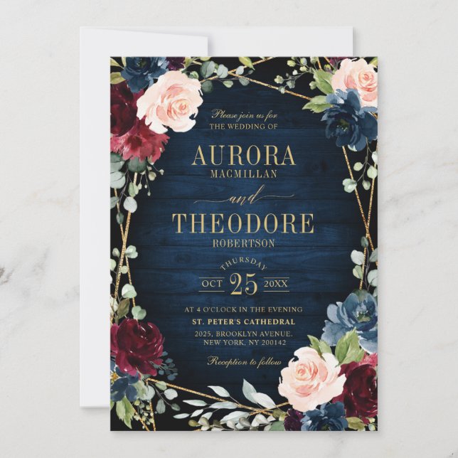 Burgundy Navy Blush Floral Gold Geometric Wedding Einladung (Vorderseite)