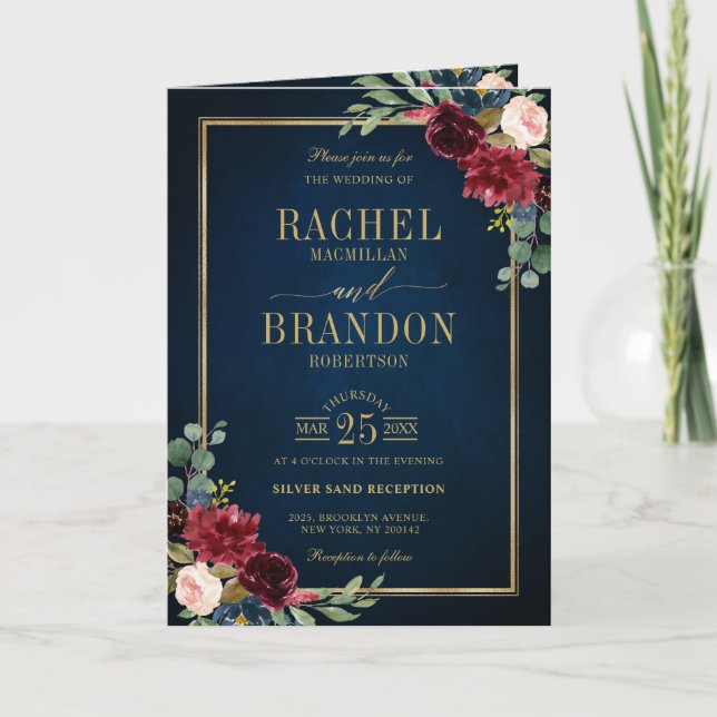 Burgundy Navy Blush Floral Gold Geometric Wedding Einladung (Vorderseite)