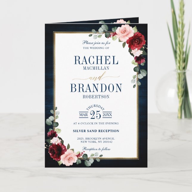 Burgundy Navy Blush Floral Gold Geometric Wedding Einladung (Vorderseite)