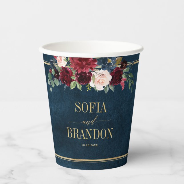 Burgundy Navy Blush Floral Gold Geometric Wedding Pappbecher (Vorderseite)