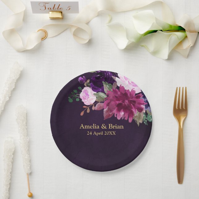 Burgundy Navy Blush Floral Gold Geometric Wedding Pappteller (Hochzeit)