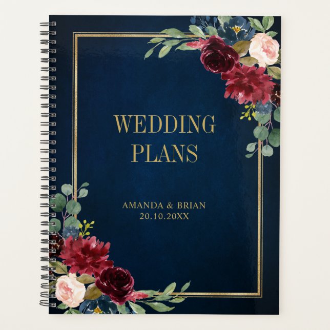 Burgundy Navy Blush Floral Gold Geometric Wedding Planer (Vorderseite)